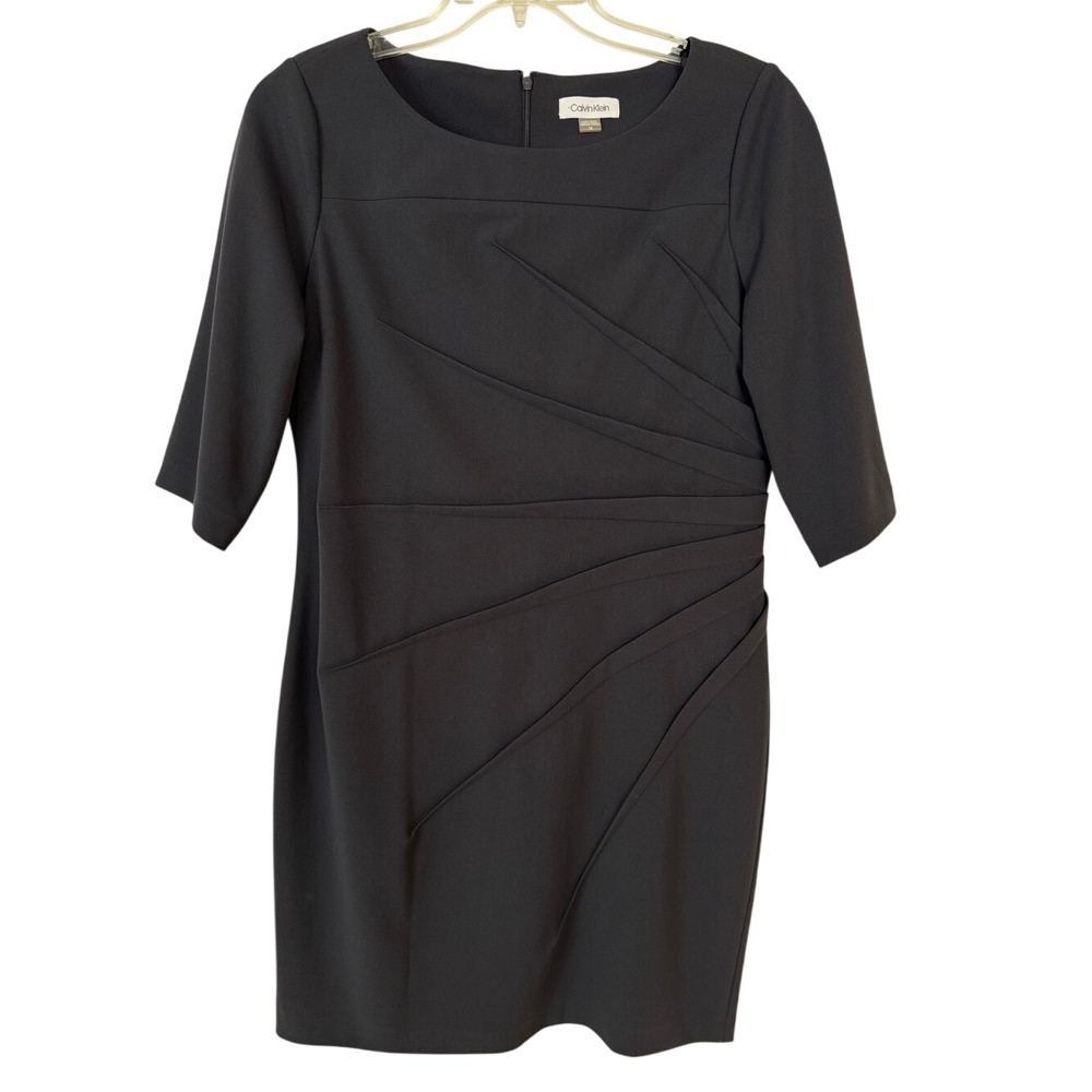 Calvin Klein Sheath Dress Size 14 Gray‎ Starburst  Pleat 3/4 Sleeve office